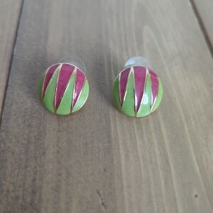 Vintage Pink Green Enamel Gold Tone Earrings